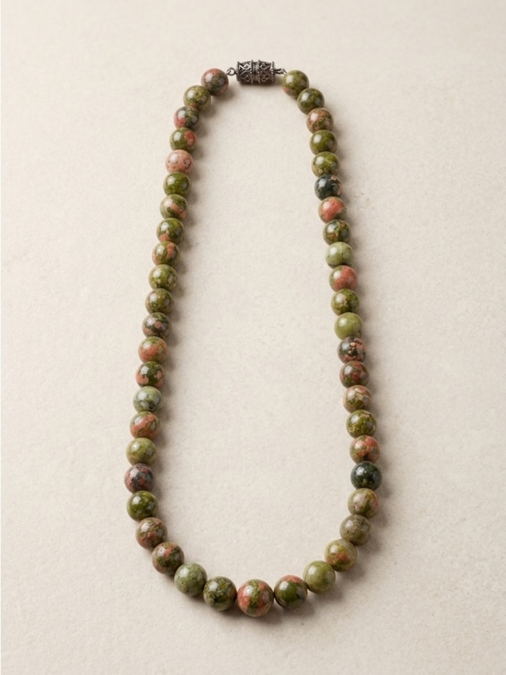 Vintage Unakite Beaded Necklace Polished Round Stones Gemstone Green Pink 19.5"